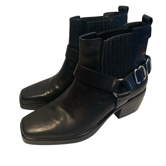 SAM EDELMAN Bellamie Ankle Boot Leather Premium Stacked Heel 2 1/4” Black 7 - Picture 3 of 13